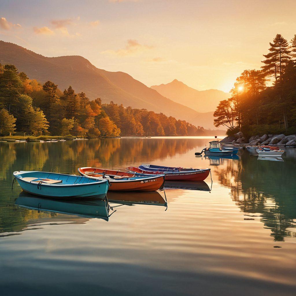 A serene lake scene with various boats anchored peacefully, showcasing different types of insurance protection options like a shield and a life jacket floating nearby, against a calm sunset backdrop. Include intricate details of boat designs and tranquil water ripples to symbolize protection and security. Create a feeling of peace and safety. super-realistic. vibrant colors. sunset hues.