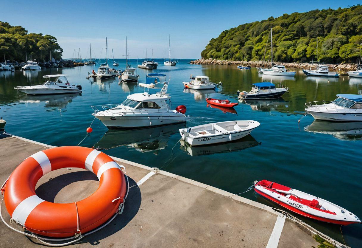 A serene marina scene with various watercraft floating peacefully on the water, showcasing different types of boats. In the foreground, a lifebuoy with the word 'Liability' embossed prominently, symbolizing protection. The background includes gentle waves and a clear blue sky, along with a distant coast lined with lush greenery. Include subtle elements representing safety and insurance, like a shield or umbrella near the boats. vibrant colors. super-realistic.